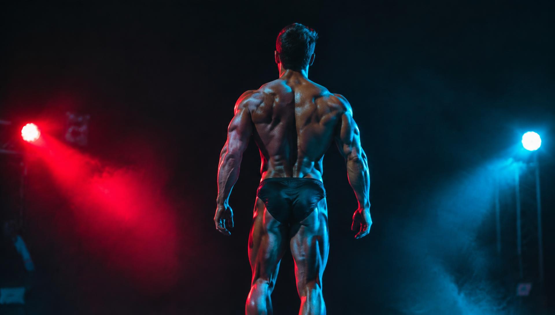 Atleta no palco MuscleContest sob luzes de competição